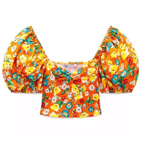Zara Tops - Zara | Womens Balloon Sleeve Crop Top Flounce Shirt Orange Floral Small NWT